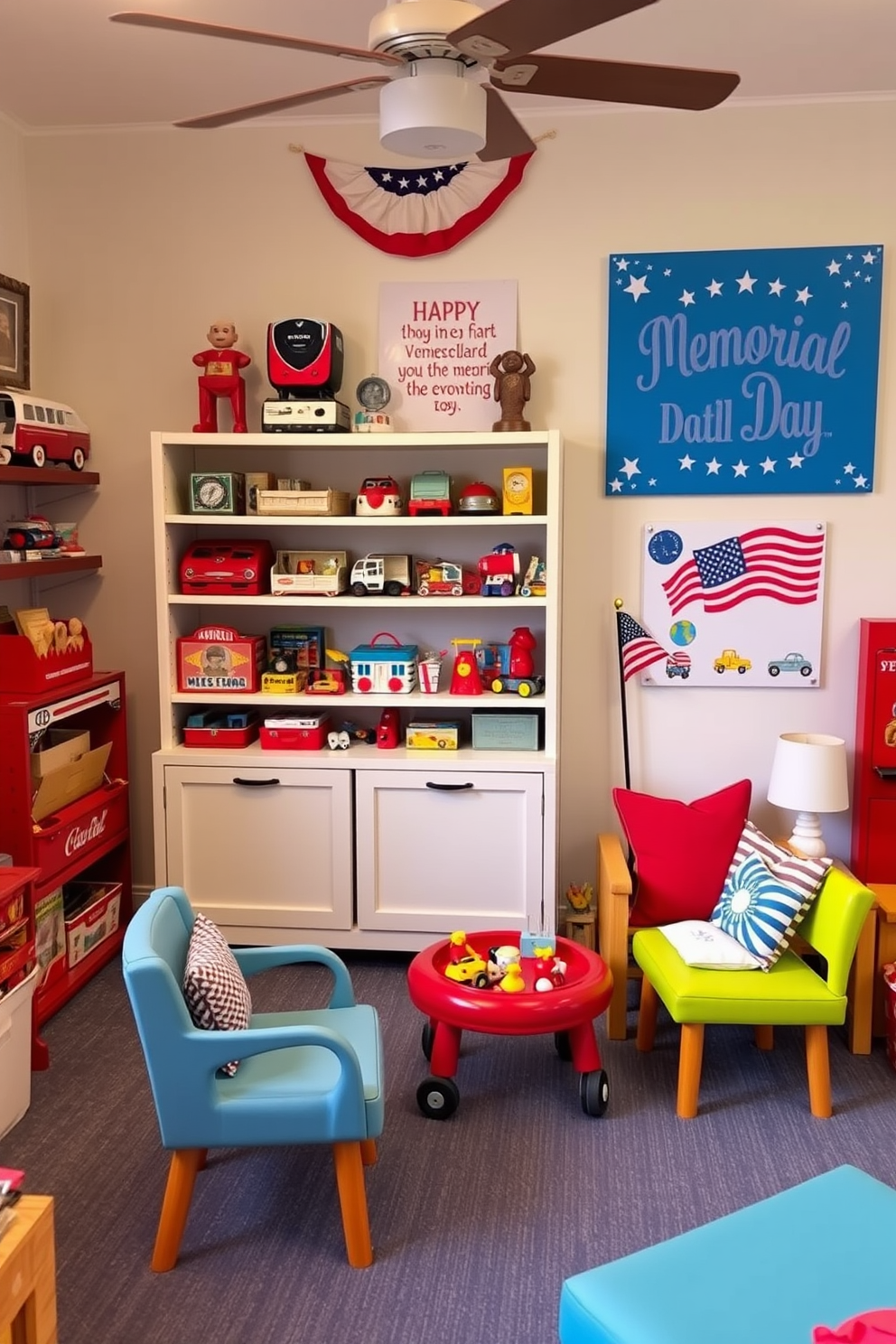 A charming playroom filled with vintage toys arranged in a patriotic theme. Red white and blue accents are visible throughout the space with a dedicated display shelf showcasing classic toys and memorabilia from American history. The walls are adorned with playful artwork celebrating Memorial Day featuring stars and stripes. Cozy seating options in bright colors provide a welcoming area for children to play and explore their creativity.