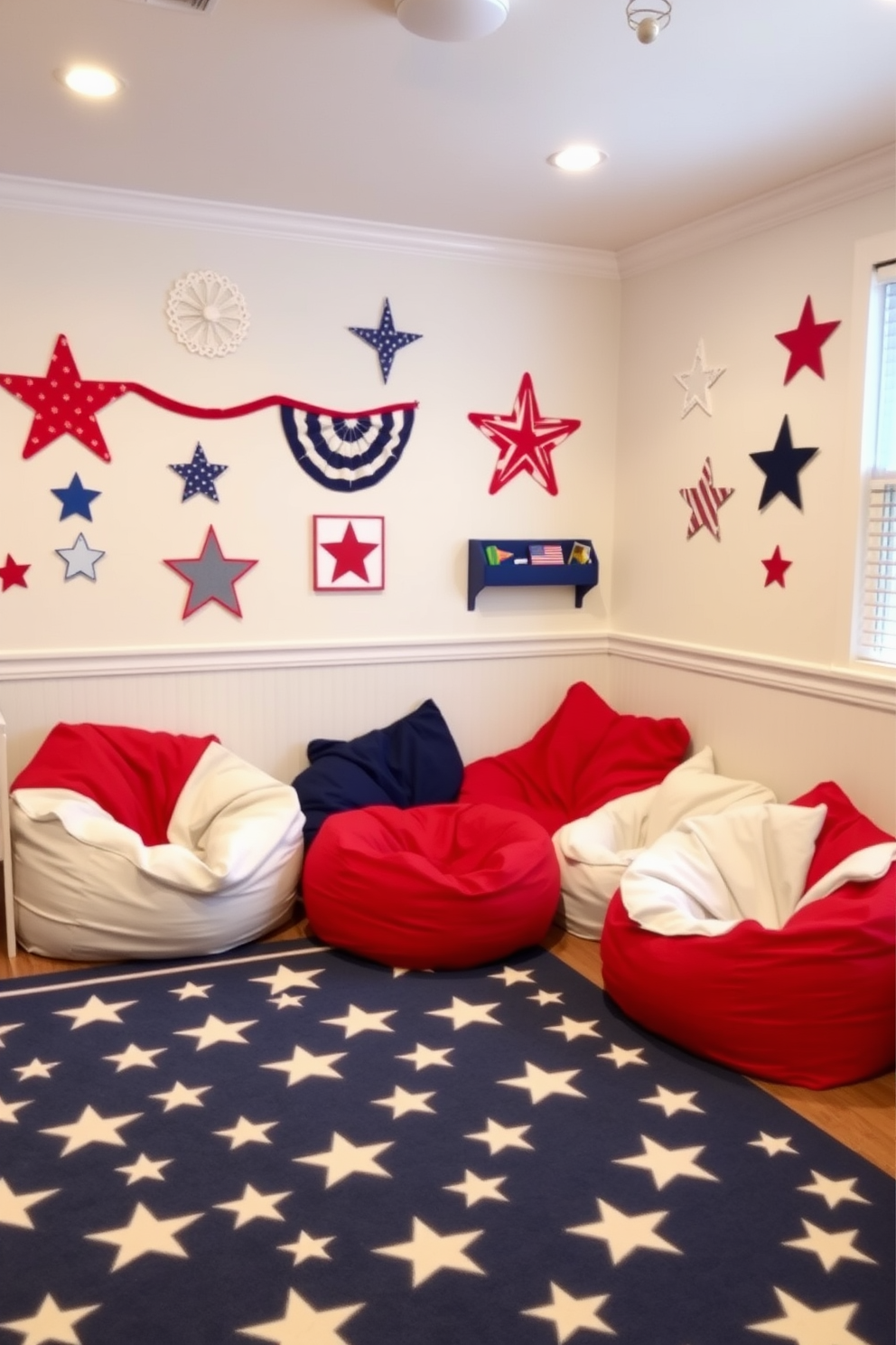 A vibrant playroom featuring red white and blue bean bags arranged in a cozy corner. The walls are adorned with playful patriotic decorations and a large rug with stars and stripes anchors the space.