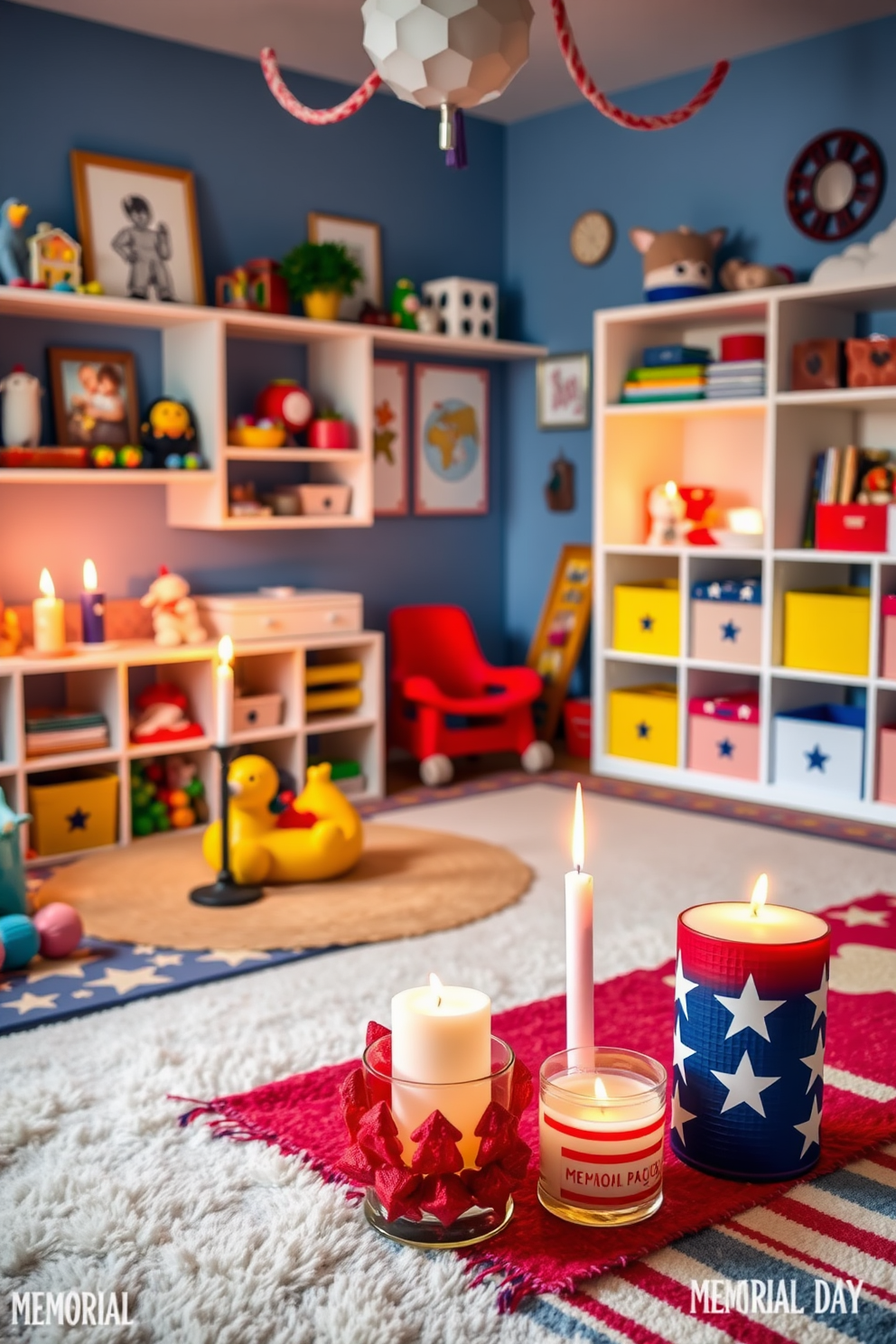 A cozy playroom filled with vibrant colors and playful decor. Soft rugs cover the floor, and shelves are lined with toys and books, creating an inviting space for children to explore. Scented candles are strategically placed around the room, adding a warm glow and a festive aroma. The candles are in cheerful holders, enhancing the joyful atmosphere of the playroom during Memorial Day celebrations.