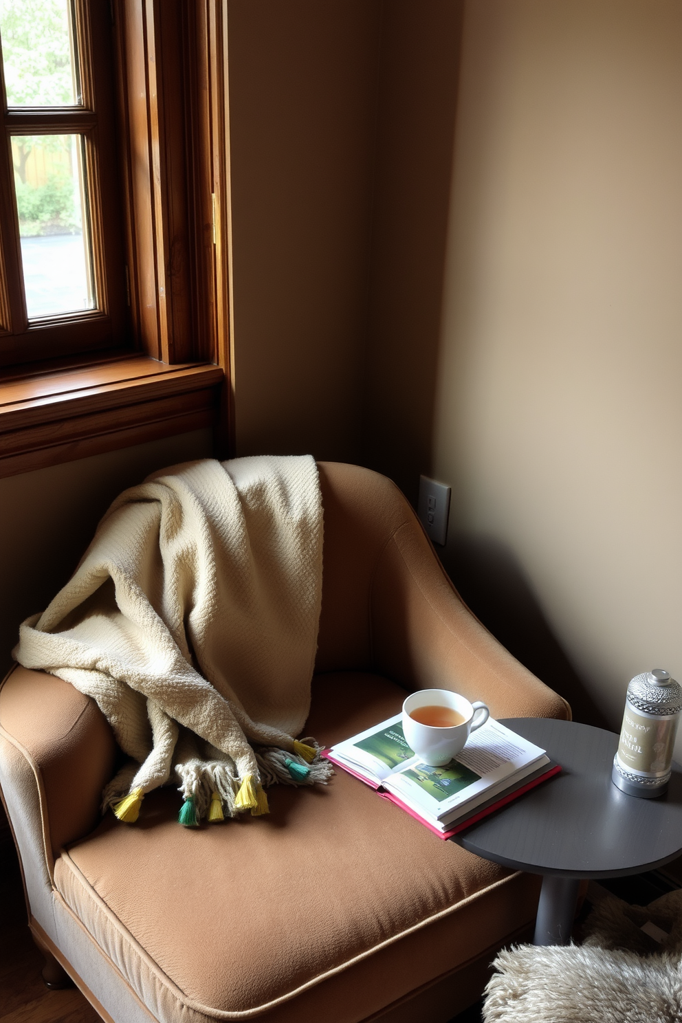 A cozy reading nook featuring a plush armchair with a soft blanket draped over the arm. A small side table holds a stack of books and a steaming cup of tea, while a nearby window lets in warm, natural light.