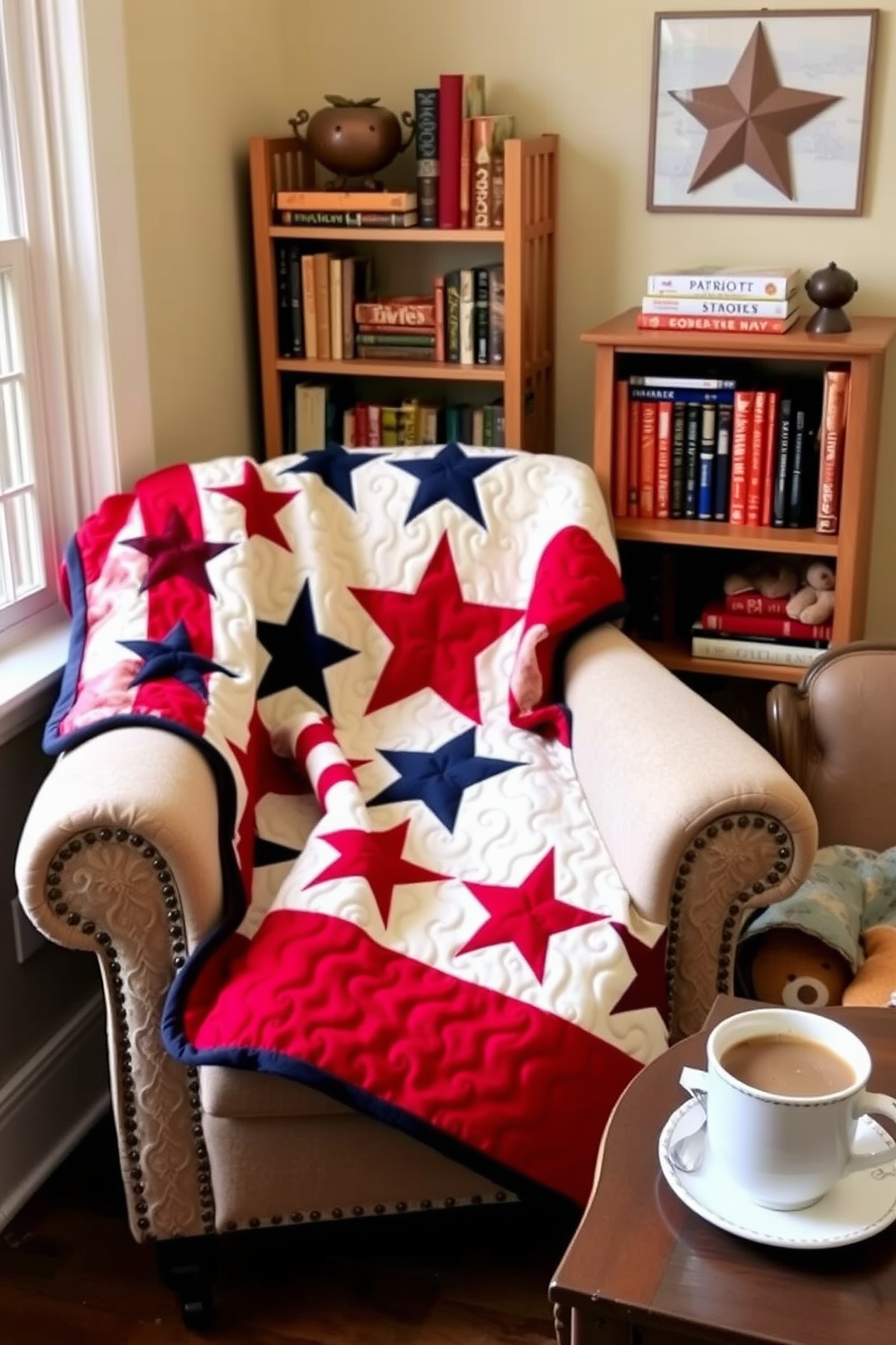 A cozy reading nook featuring a quilted throw in stars and stripes draped over a plush armchair. The nook is adorned with a small bookshelf filled with patriotic-themed books and a side table holding a steaming cup of coffee.