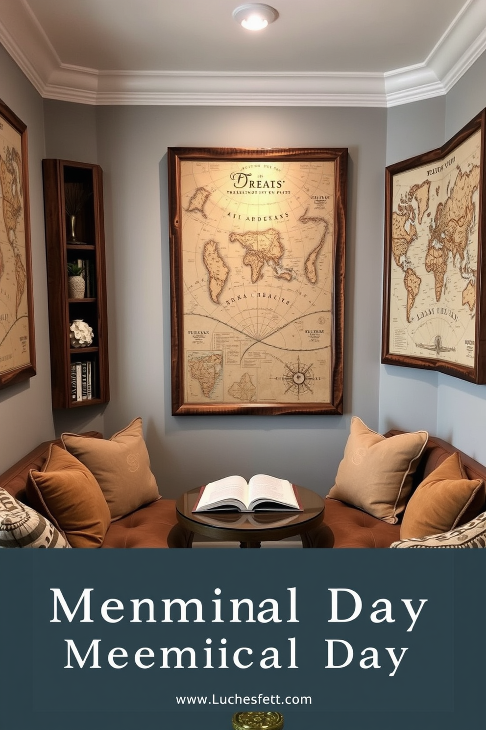 A cozy reading nook adorned with old maps as wall decor accents. The maps are framed in rustic wood, creating a warm and inviting atmosphere. Plush seating is arranged around a small, round table, perfect for enjoying a book. Soft lighting enhances the space, making it an ideal spot for relaxation on Memorial Day.