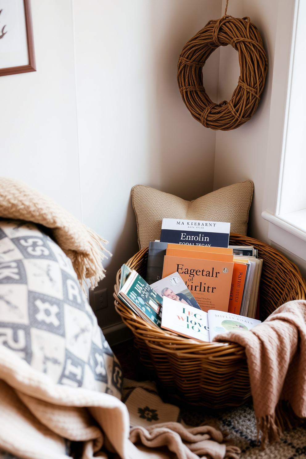 A cozy reading nook featuring a woven basket filled with an assortment of books. The nook is adorned with soft cushions and a warm throw blanket, creating an inviting space for relaxation.