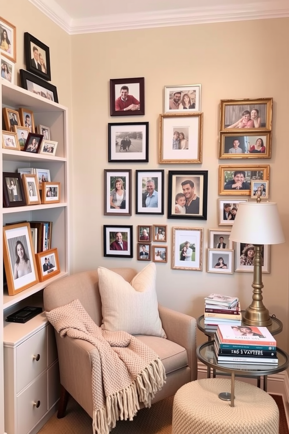 A cozy reading nook filled with personalized photo frames that showcase cherished memories. The nook features a comfortable armchair next to a small bookshelf, adorned with soft cushions and a warm throw blanket. The walls are painted in a soft pastel color to create a calming atmosphere. A small side table holds a stack of favorite books and a decorative lamp, adding to the inviting ambiance.