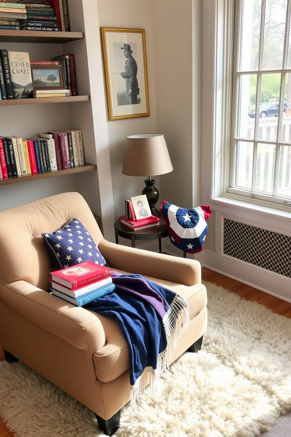 A cozy reading nook is designed with a comfortable armchair upholstered in soft fabric, positioned near a large window that lets in natural light. The space is adorned with a small side table holding a stack of classic novels with red, white, and blue covers, creating a patriotic theme for Memorial Day. A plush area rug lies beneath the chair, adding warmth to the space, while a decorative throw blanket in complementary colors is draped over the armrest. Shelves on the wall showcase additional books and memorabilia, enhancing the inviting atmosphere of the reading nook.