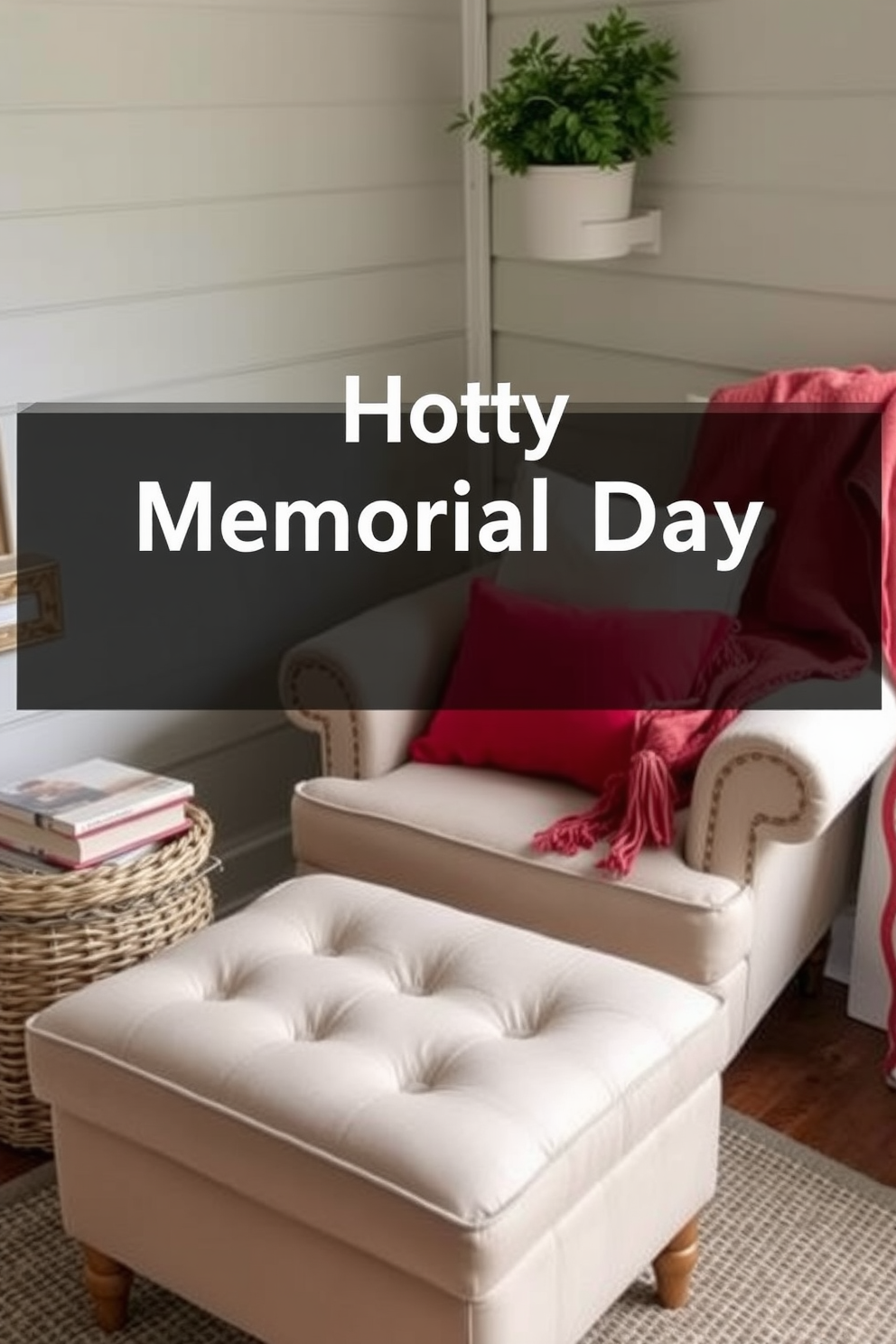 A cozy reading nook featuring a comfortable armchair with a matching footrest. The space is adorned with soft cushions and a warm throw blanket, inviting relaxation on Memorial Day.