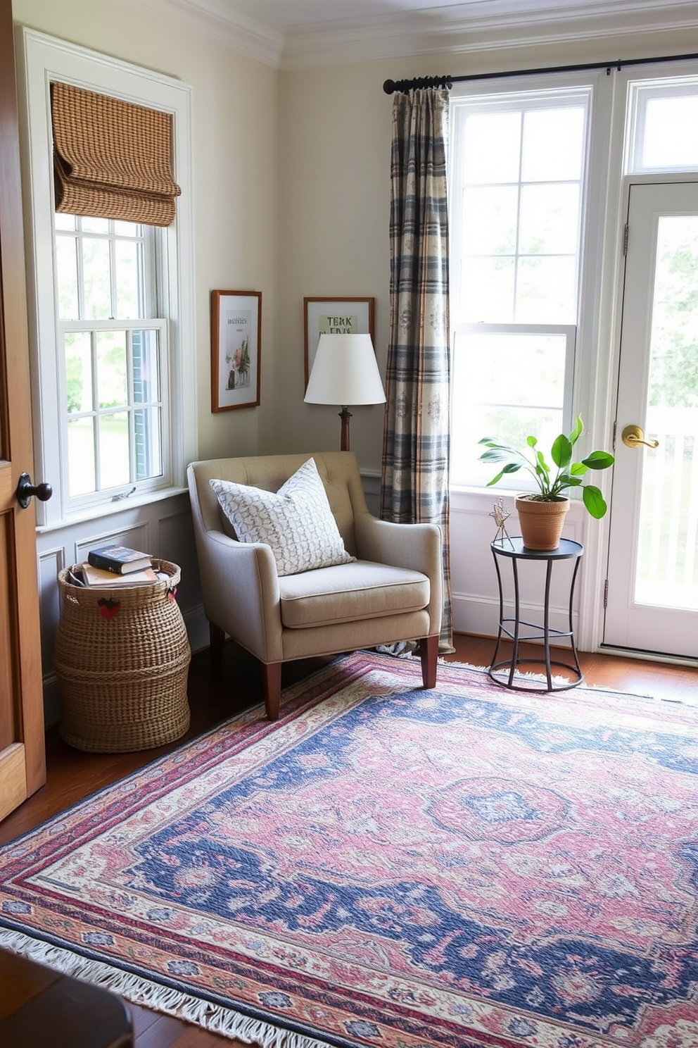 A cozy reading nook featuring layered rugs that add warmth and texture to the space. The nook is adorned with a comfortable armchair, a small side table, and soft lighting for a perfect Memorial Day retreat.