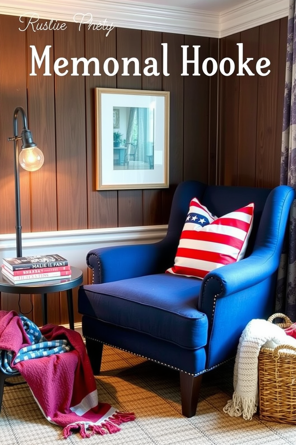 A cozy reading nook designed for Memorial Day features a comfortable armchair upholstered in soft, navy blue fabric. Next to the chair, a stylish reading lamp with warm light bulbs casts a gentle glow, creating an inviting atmosphere. The nook is adorned with patriotic throw pillows in red, white, and blue, alongside a small side table holding a stack of classic novels. A woven basket nearby is filled with cozy blankets, perfect for curling up with a good book.