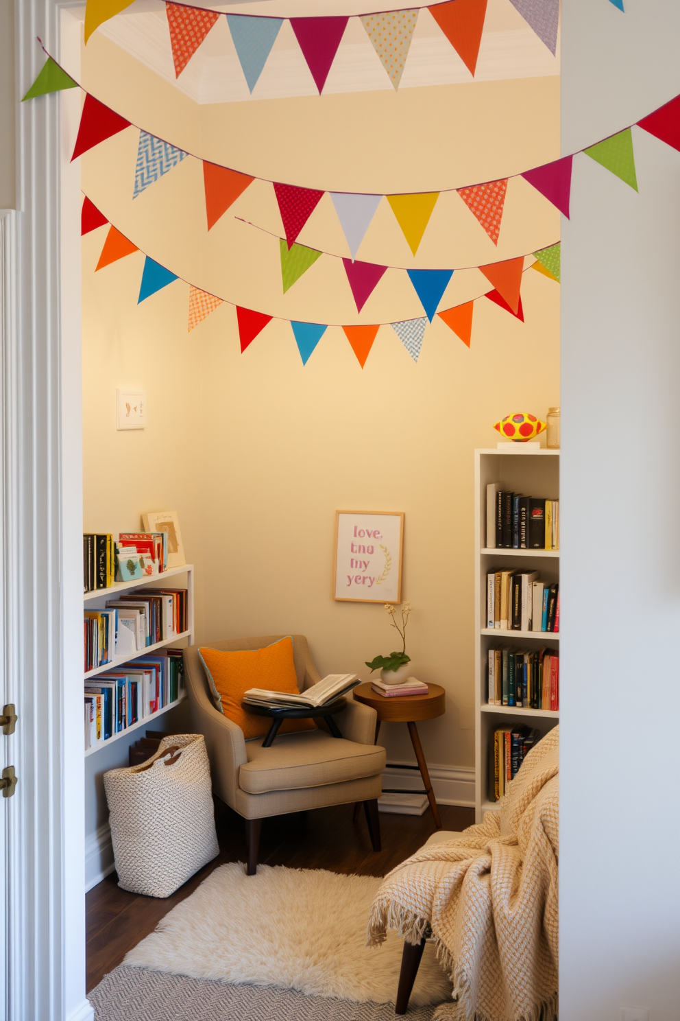 A cozy reading nook adorned with hanging bunting in festive colors creates a cheerful atmosphere. The nook features a comfortable armchair, a small side table, and shelves filled with books. Soft cushions and a warm throw blanket invite relaxation while enjoying a good book. The walls are painted in a light pastel shade to enhance the festive decor and provide a welcoming feel.