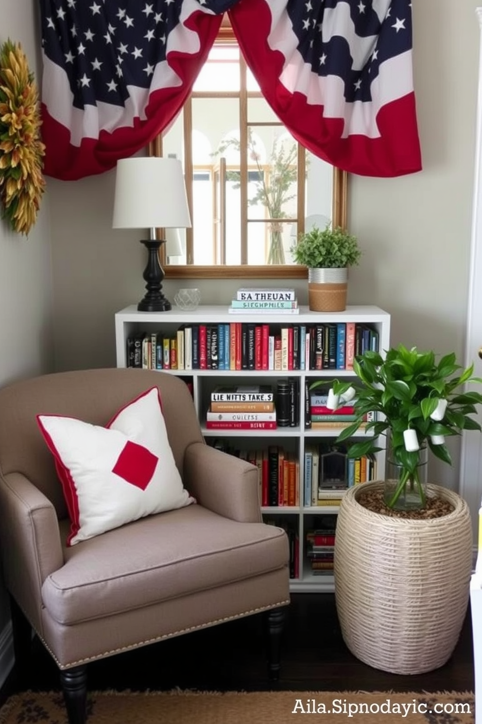 Create a cozy reading nook decorated for Memorial Day. Incorporate red white and blue cushions on a comfortable armchair, surrounded by a small bookshelf filled with patriotic-themed books.