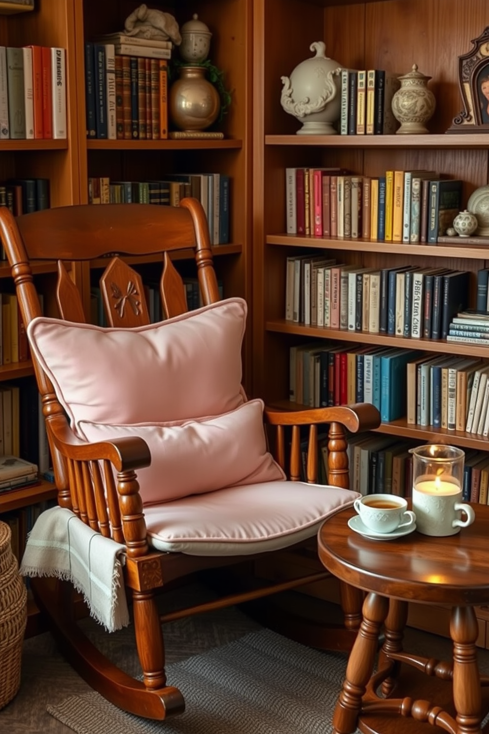 A charming wooden rocking chair is positioned in a cozy reading nook. Soft cushions in pastel colors are placed on the chair, inviting relaxation and comfort. Surrounding the rocking chair are shelves filled with books and decorative items. A small side table holds a steaming cup of tea and a fragrant candle, enhancing the serene atmosphere.