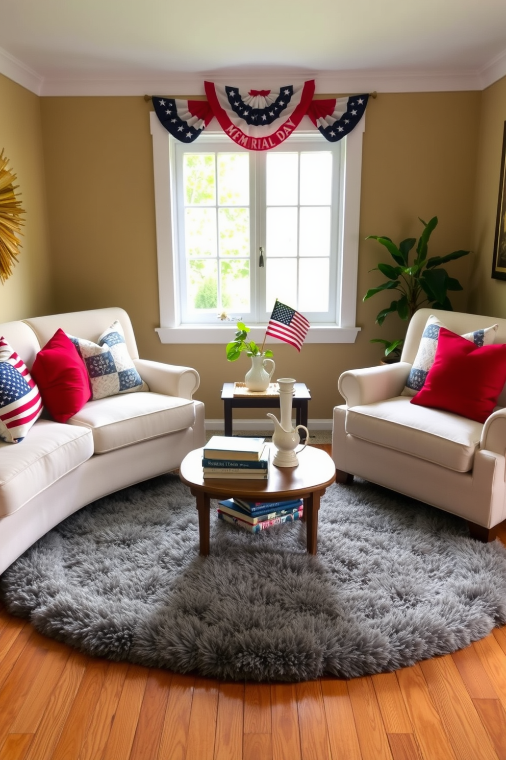 A soft area rug is placed in the center of a cozy reading nook creating a warm and inviting atmosphere. Surrounding the rug are plush armchairs and a small side table adorned with a stack of books and a steaming cup of tea. The nook is decorated with festive Memorial Day accents such as red white and blue throw pillows and a patriotic banner draped above. Natural light filters in through a nearby window highlighting the comfortable space perfect for curling up with a good book.