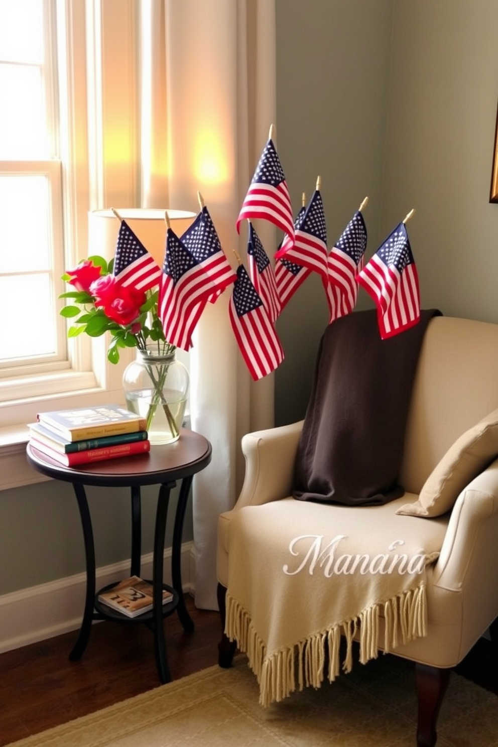 A cozy reading nook adorned with a flower vase filled with miniature flags celebrating Memorial Day. The nook features a comfortable armchair draped with a soft blanket, a small side table holding a stack of books, and warm lighting creating an inviting atmosphere.