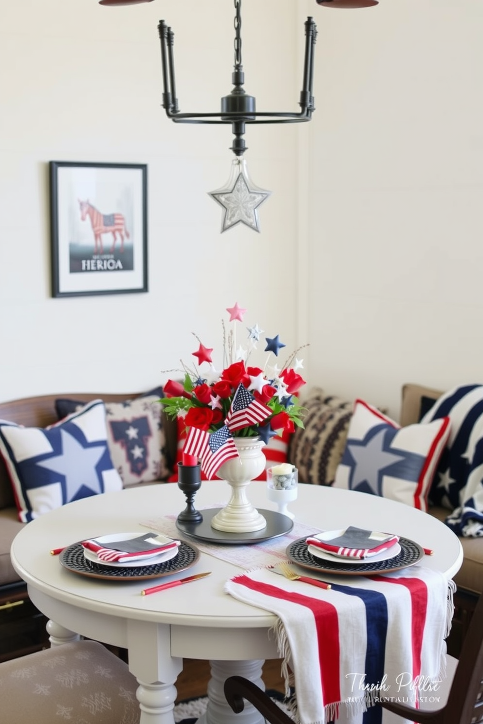 Artistic table with patriotic motifs. The table is adorned with red white and blue decorations including a centerpiece of stars and stripes. Memorial Day reading nook decorating ideas. Cozy seating is surrounded by themed cushions and a throw blanket featuring patriotic colors.