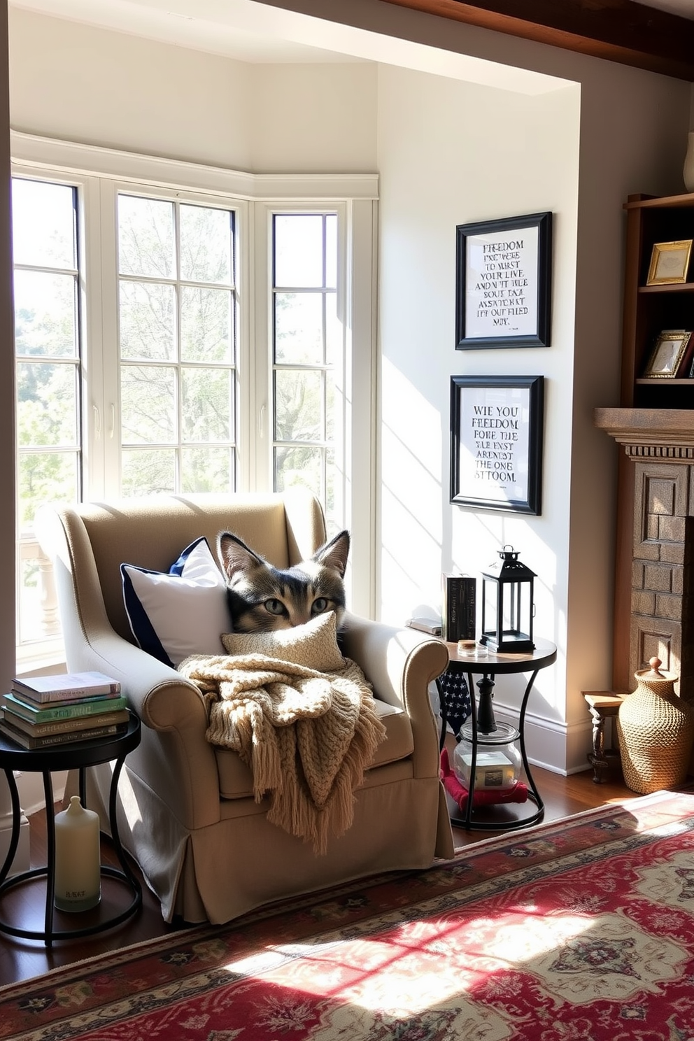 Framed quotes about freedom displayed in an inviting reading nook. Soft, natural light filters through a large window, illuminating a cozy armchair adorned with plush cushions and a knitted throw. Memorial Day reading nook decorated with patriotic colors and motifs. A small side table holds a stack of books and a decorative lantern, while a vintage rug adds warmth to the space.