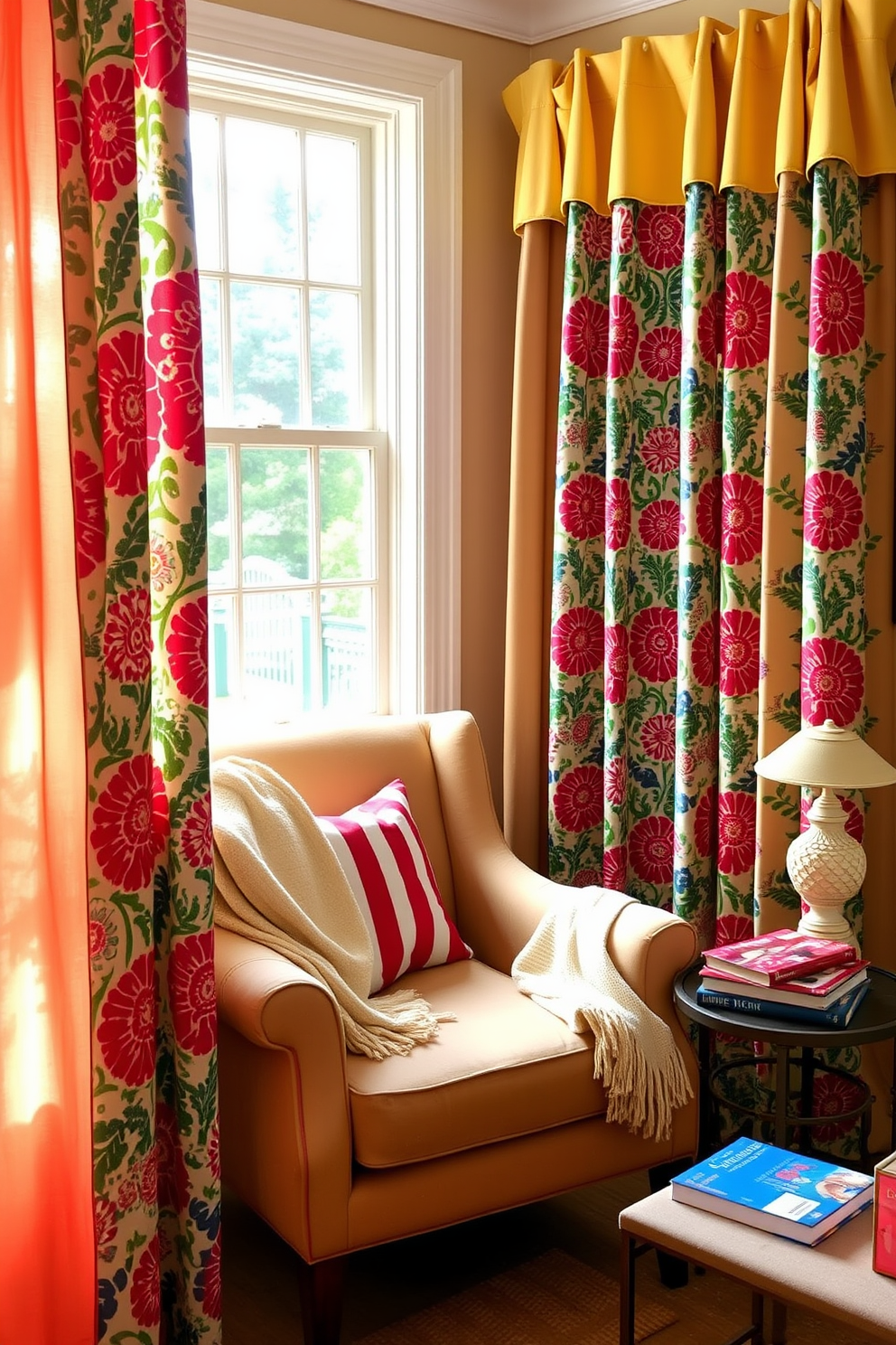 Brightly colored curtains frame a cozy reading nook, allowing natural light to flood the space. The curtains are adorned with vibrant patterns that add a cheerful touch to the room. A plush armchair sits in the corner, inviting relaxation with a soft throw blanket draped over the arm. A small side table holds a stack of books and a decorative lamp, creating an ideal spot for Memorial Day reading.