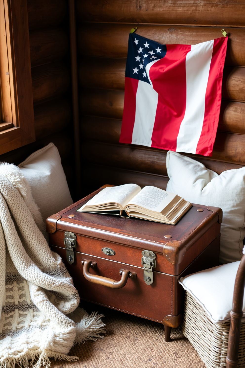 A cozy reading nook featuring a vintage suitcase repurposed as a unique table. Surrounding the suitcase are plush cushions and a soft throw blanket, creating an inviting space for relaxation on Memorial Day.