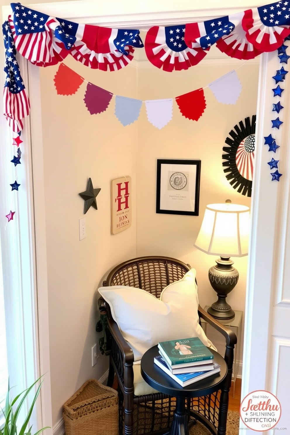 Creative bookmarks with holiday themes. Imagine a cozy reading nook adorned with festive decorations, featuring bookmarks that celebrate Memorial Day with patriotic colors and symbols. The nook is filled with comfortable seating and soft cushions. A small table beside the chair holds a stack of books, and a decorative lamp casts a warm glow over the space.