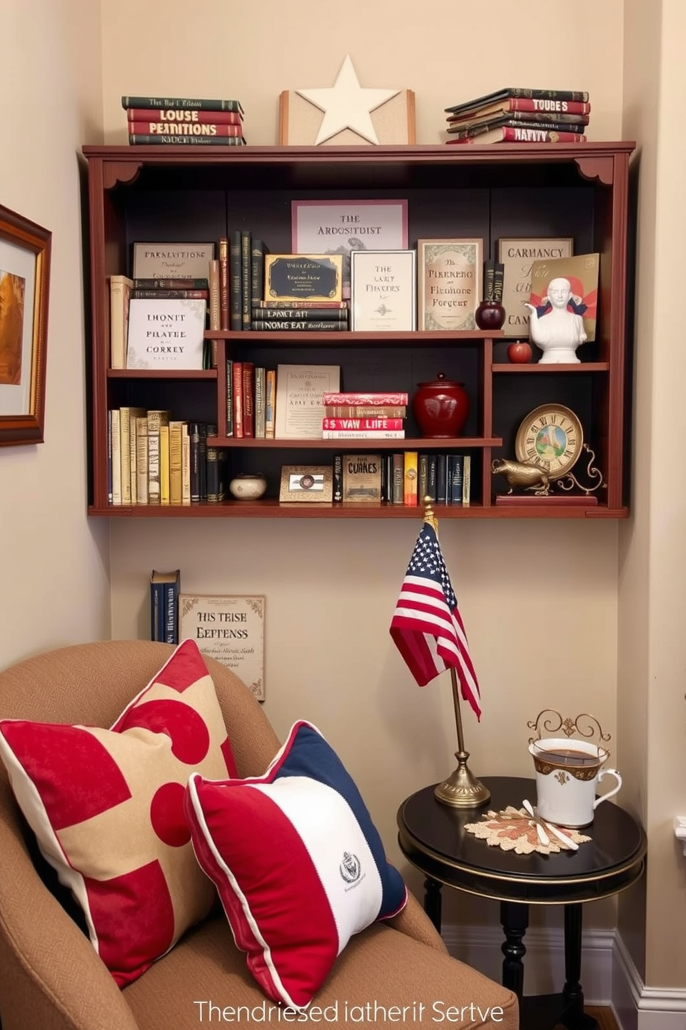 A cozy reading nook featuring a vintage patriotic book display shelf. The shelf is filled with classic literature and decorative items that evoke a sense of nostalgia and pride. The nook is adorned with red, white, and blue cushions on a comfortable armchair. A small side table holds a steaming cup of tea and a decorative flag, creating an inviting atmosphere for relaxing and reading.