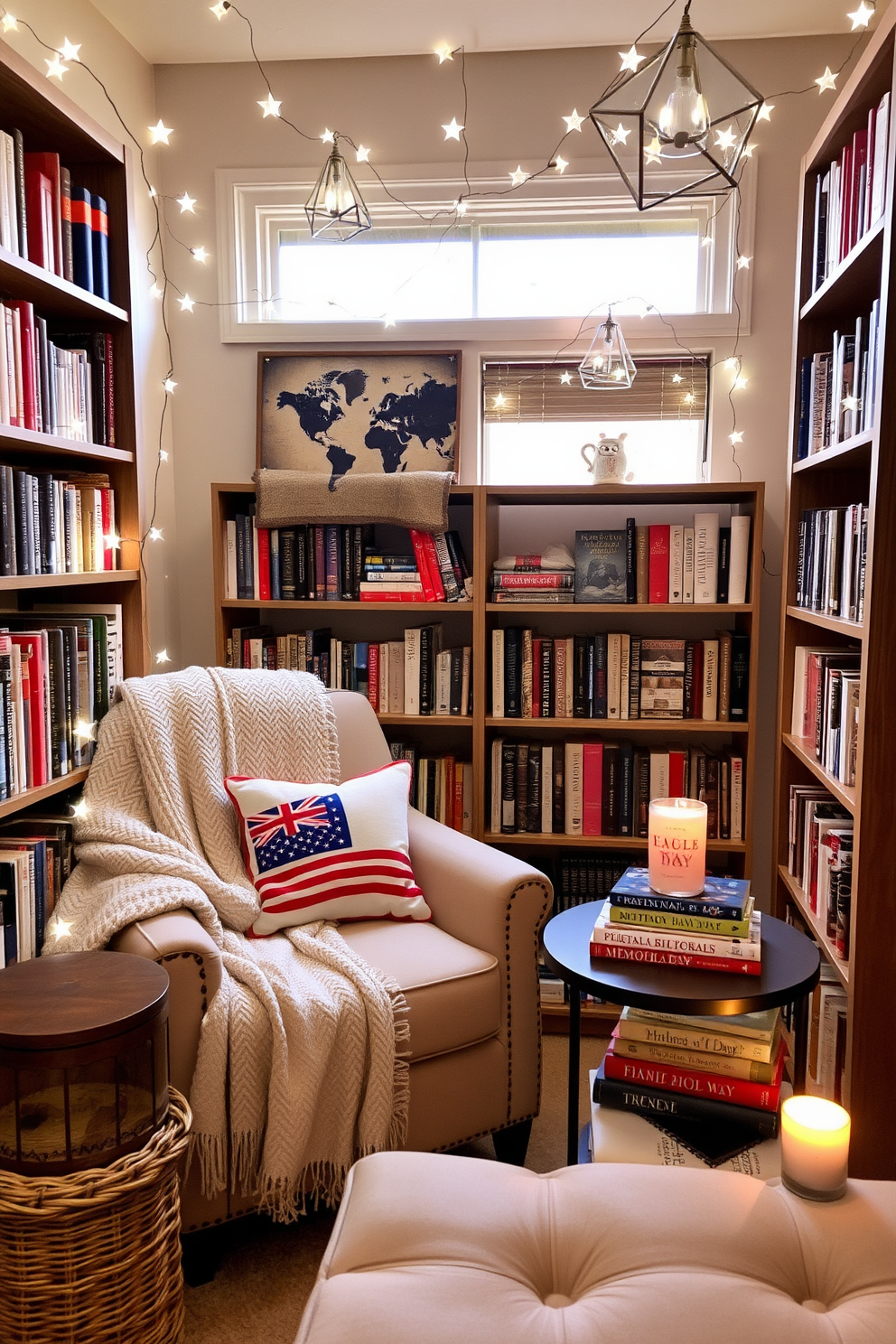 A cozy reading nook adorned with star shaped fairy lights creates a warm and inviting atmosphere. The nook features a plush armchair draped with a soft throw blanket, surrounded by bookshelves filled with a curated selection of favorite reads. Decorated for Memorial Day, the space incorporates red, white, and blue accents throughout. A small side table holds a patriotic-themed candle and a stack of seasonal books, enhancing the festive yet relaxing vibe.