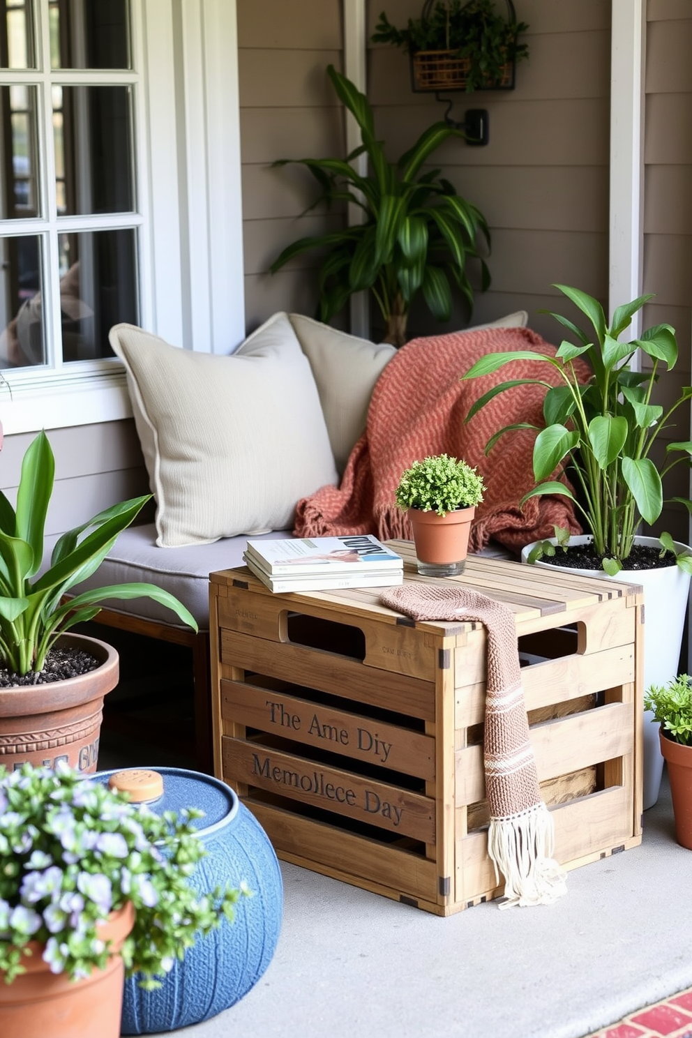 A rustic wooden crate serves as a charming side table in a cozy reading nook. The space is adorned with soft cushions and a warm throw blanket, inviting relaxation and comfort. Surrounding the nook are potted plants that add a touch of greenery and freshness. A small stack of books rests on the crate, perfect for leisurely reading on Memorial Day.