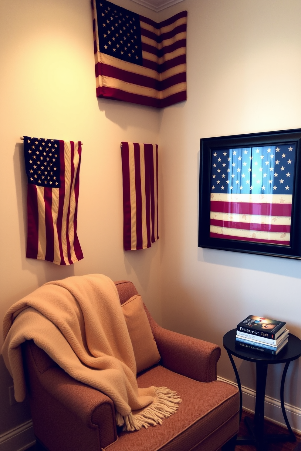 A cozy reading nook adorned with wall art featuring American flags. The space includes a comfortable armchair with a soft throw blanket and a small side table holding a stack of books.