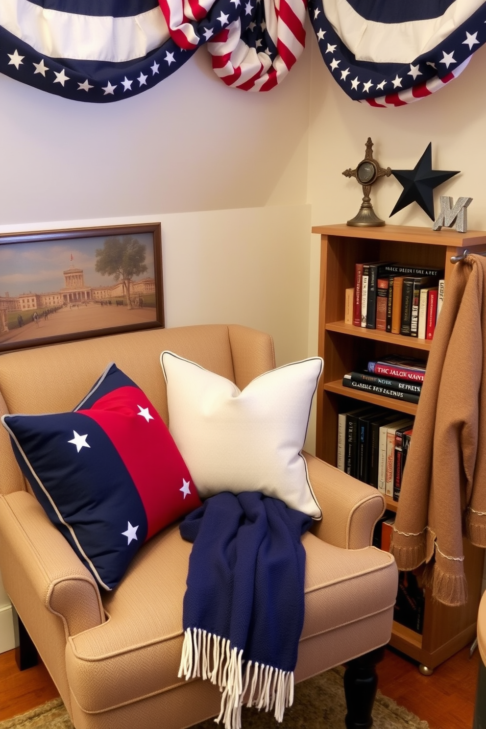 A cozy reading nook adorned with patriotic themed throw pillows in red, white, and blue. The nook features a comfortable armchair positioned beside a small wooden bookshelf filled with classic novels and a warm throw blanket draped over the side.