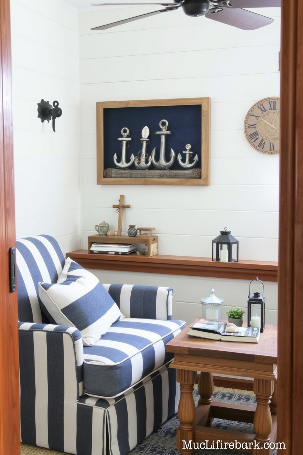 A cozy reading nook inspired by nautical themes. The space features a comfortable armchair upholstered in navy blue fabric with white stripes, accompanied by a small side table made of reclaimed wood. Decorative elements include a collection of vintage anchors and seashells displayed on a nearby shelf. Soft lighting is provided by a lantern-style lamp, creating a warm and inviting atmosphere perfect for Memorial Day relaxation.