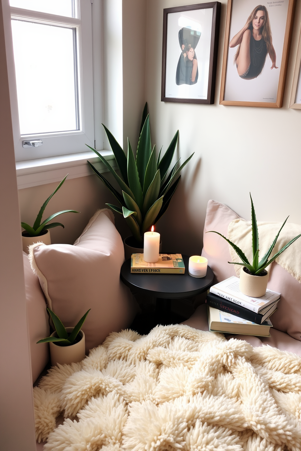 A cozy reading nook adorned with soft cushions and a plush throw blanket. A small side table holds a stack of books alongside a fragrant candle, creating a tranquil atmosphere. Incorporate aloe vera plants in decorative pots to enhance the air quality and add a touch of greenery. The nook is bathed in natural light from a nearby window, making it the perfect spot for relaxation and reflection.