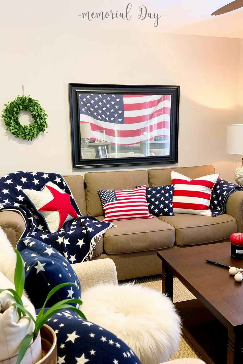 A cozy small living room decorated for Memorial Day features star and stripe patterned blankets draped over a plush sofa. The space is accented with red, white, and blue throw pillows that complement the patriotic theme.