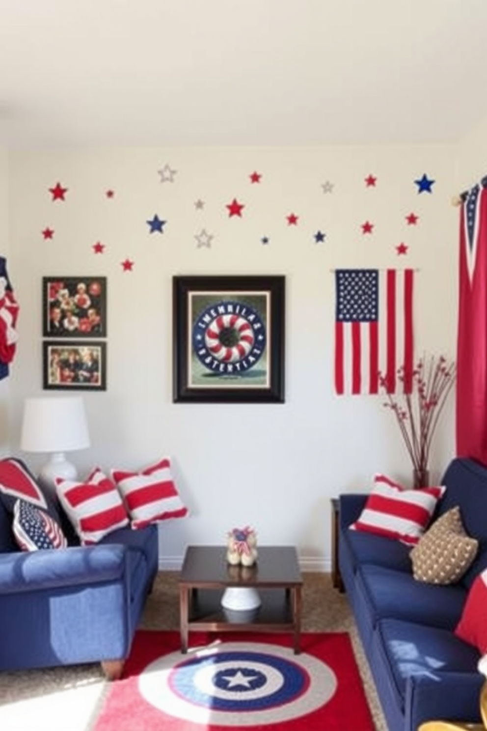 A small living room adorned with red white and blue themed wall decals. The decals feature stars and stripes creating a festive atmosphere perfect for Memorial Day celebrations.