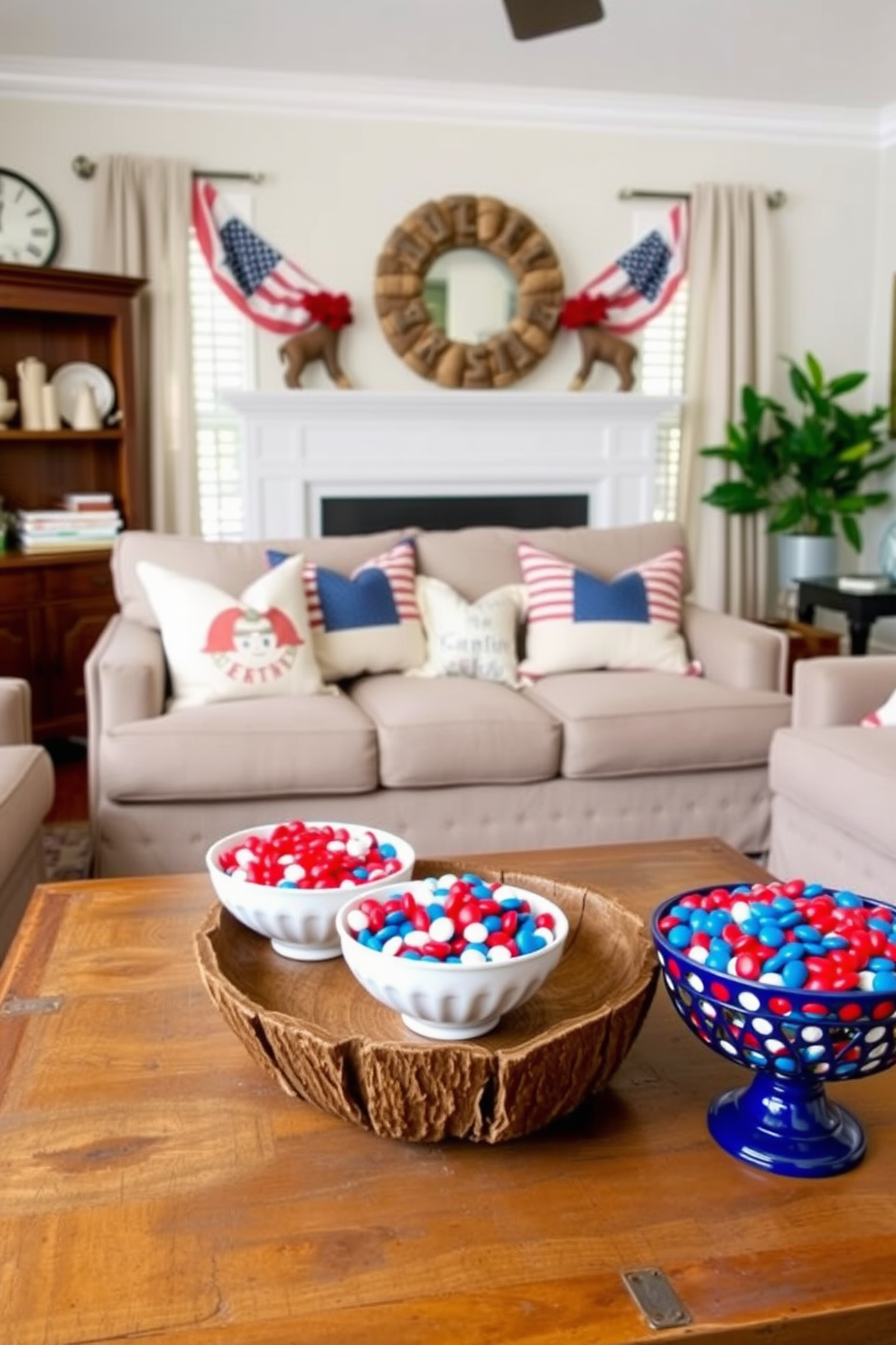 A cozy small living room adorned for Memorial Day features decorative bowls filled with vibrant red, white, and blue candies. The bowls are artfully arranged on a rustic coffee table, surrounded by plush seating and festive throw pillows celebrating the holiday spirit.