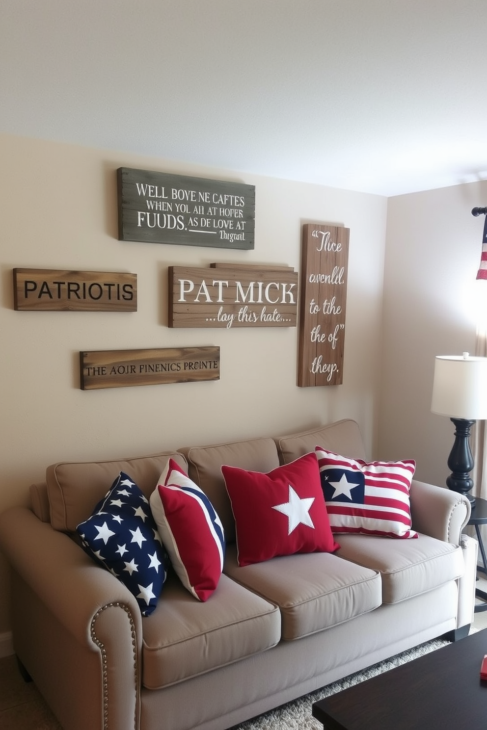 A cozy small living room decorated with rustic wooden signs featuring patriotic quotes. The walls are painted in a soft beige, and a comfortable sofa is adorned with red, white, and blue throw pillows.