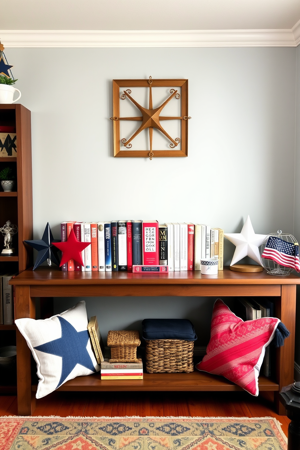 A cozy small living room featuring a red white and blue themed book display. The books are arranged on a rustic wooden shelf with decorative items like stars and stripes accents to celebrate Memorial Day.