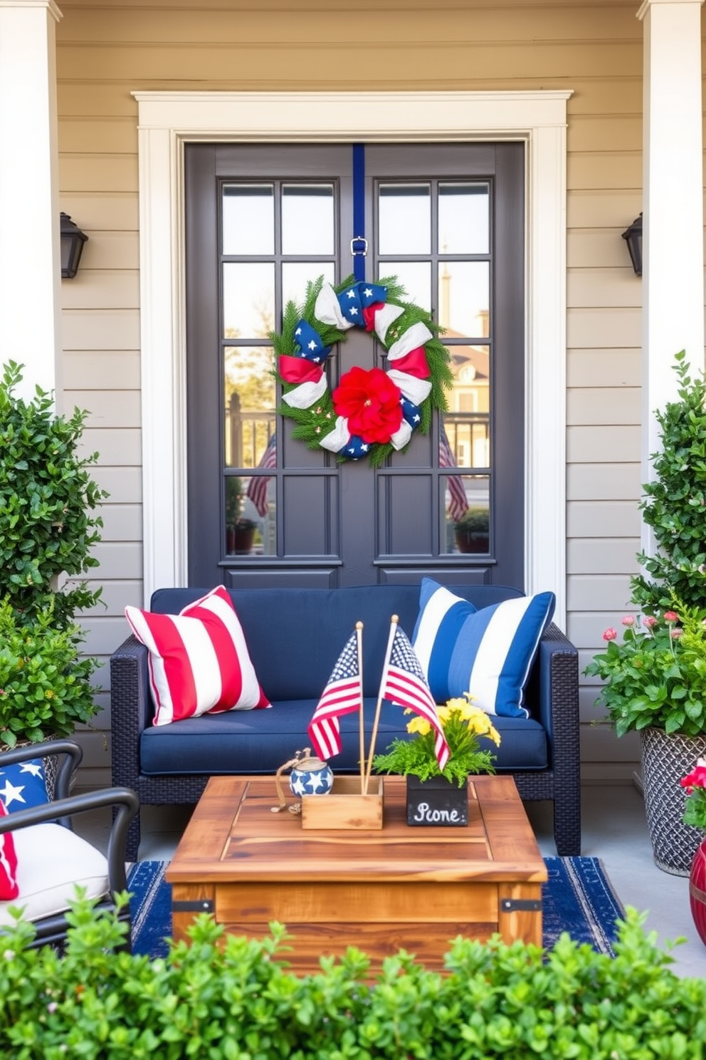 A patriotic wreath is elegantly hung on your front door, adorned with red white and blue accents to celebrate Memorial Day. The entrance is inviting with lush greenery surrounding the door and a cheerful welcome mat. Inside the small living room, a cozy arrangement features a soft navy blue sofa paired with vibrant throw pillows in patriotic colors. A rustic coffee table sits in the center, topped with a small flag and a few seasonal decorations to enhance the festive atmosphere.