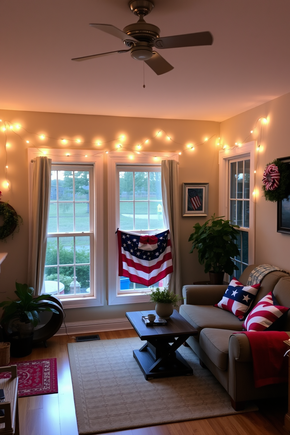 A cozy small living room adorned with festive string lights draped gracefully across the windows. The warm glow of the lights complements the patriotic decor celebrating Memorial Day, creating an inviting and cheerful atmosphere.