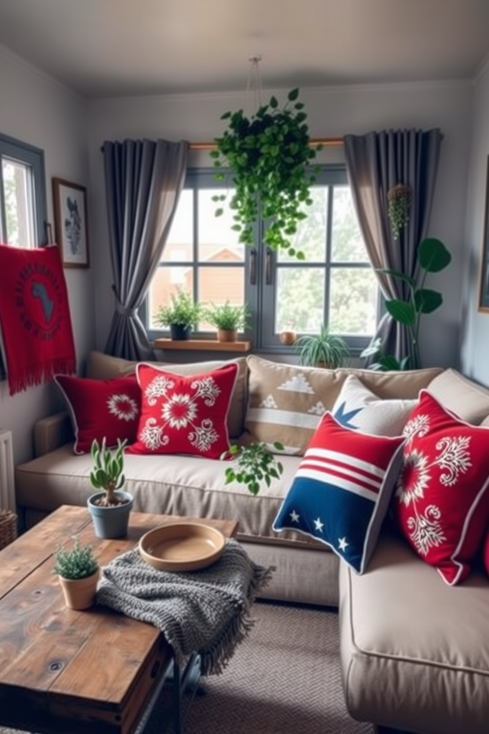 A cozy small living room adorned with red white and blue themed cushions. The cushions are arranged on a soft beige sofa, complemented by a rustic coffee table and a few potted plants.