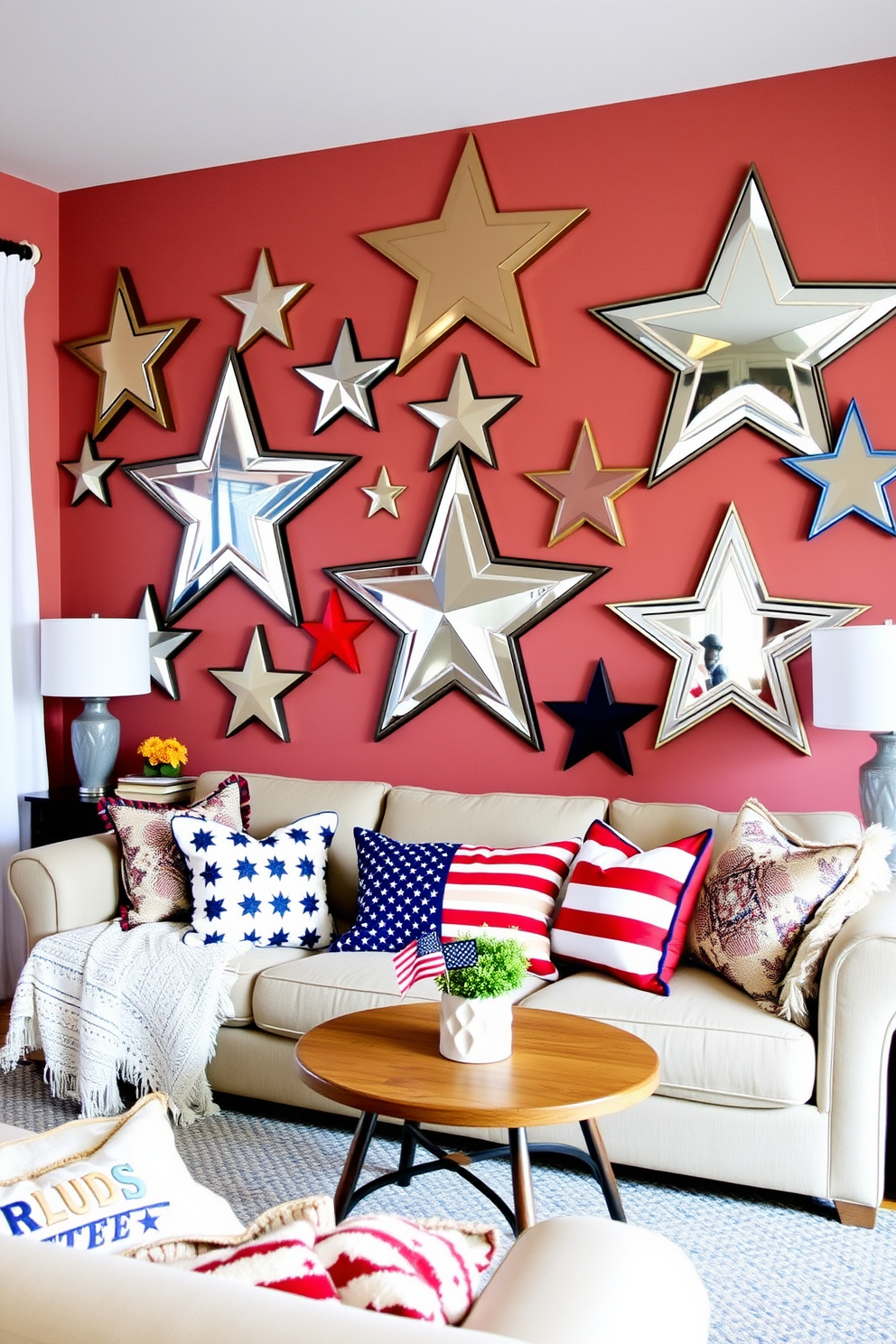 A cozy living room adorned with star-shaped wall mirrors that reflect light and create a sense of space. The decor features a blend of patriotic colors in cushions and throws, celebrating Memorial Day while maintaining an inviting atmosphere.