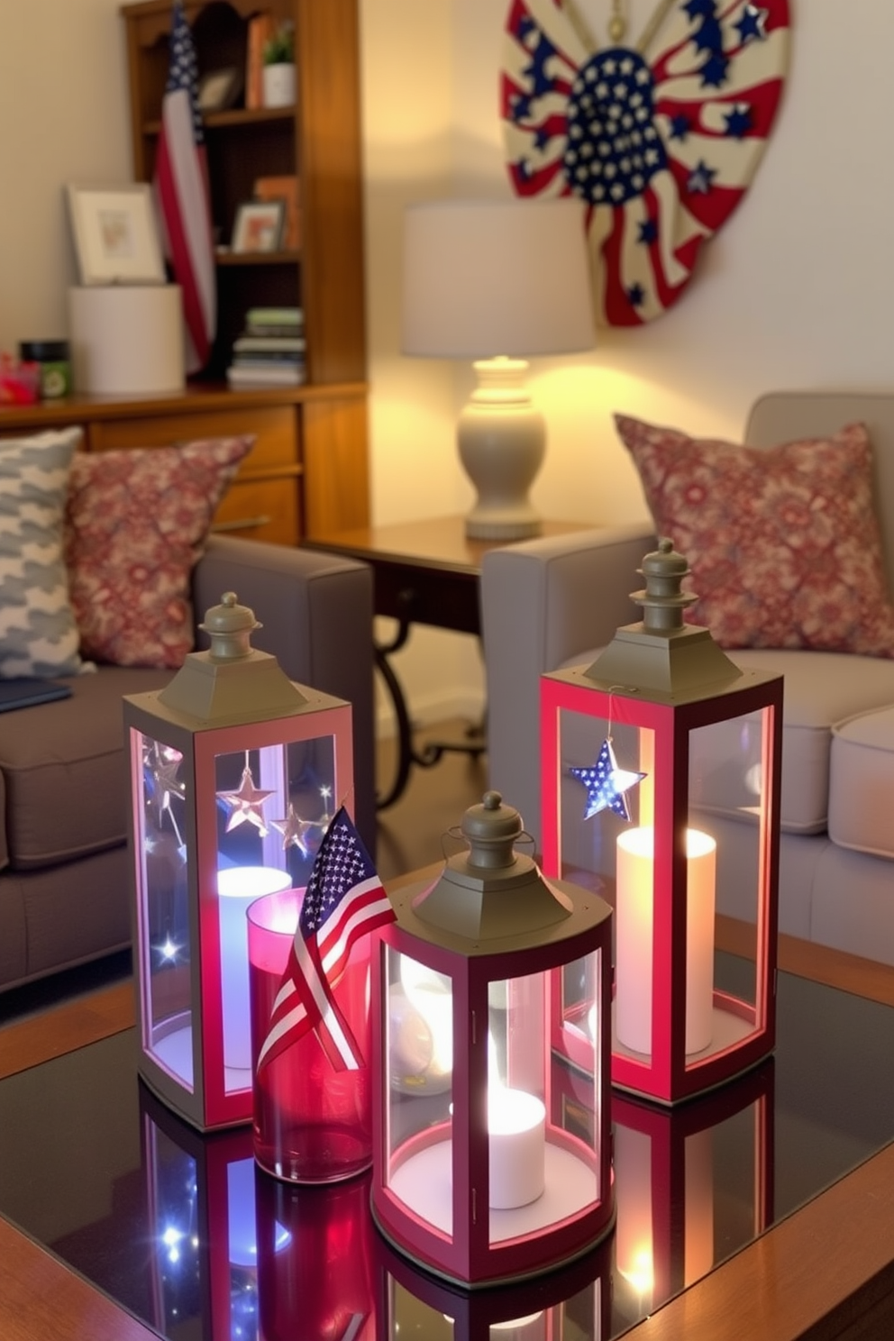 Decorative lanterns in red white and blue hues are arranged on a coffee table in a cozy small living room. The soft glow from the lanterns creates a warm inviting atmosphere perfect for celebrating Memorial Day.