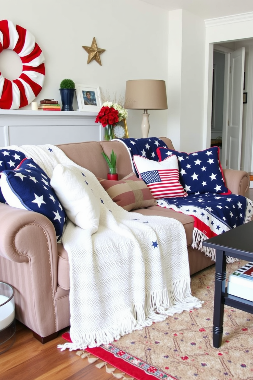 A cozy living room adorned with patriotic themed throw blankets draped over a stylish sofa. The decor features red, white, and blue accents, creating a festive atmosphere perfect for Memorial Day gatherings.