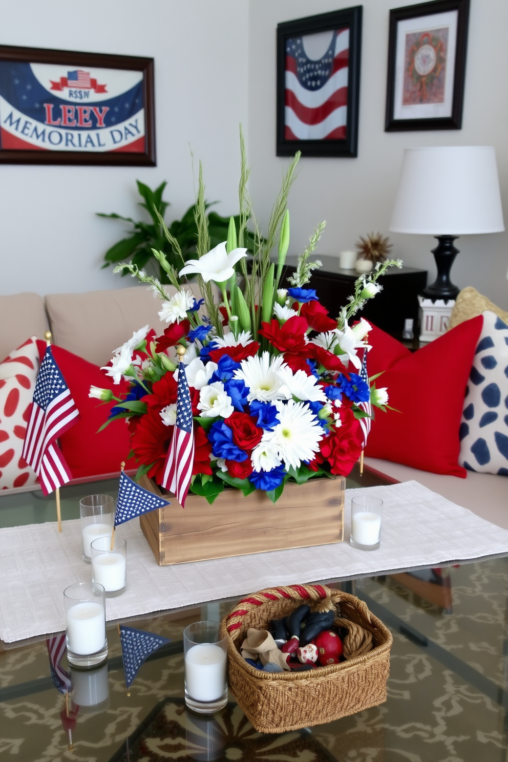 A vibrant table centerpiece featuring red white and blue flowers arranged in a rustic wooden box. Surrounding the centerpiece are small American flags and decorative candles in coordinating colors to enhance the festive atmosphere. In a small living room, incorporate red white and blue throw pillows on a neutral sofa for a cohesive look. Add a patterned area rug that reflects the patriotic theme and display framed artwork celebrating Memorial Day on the walls.