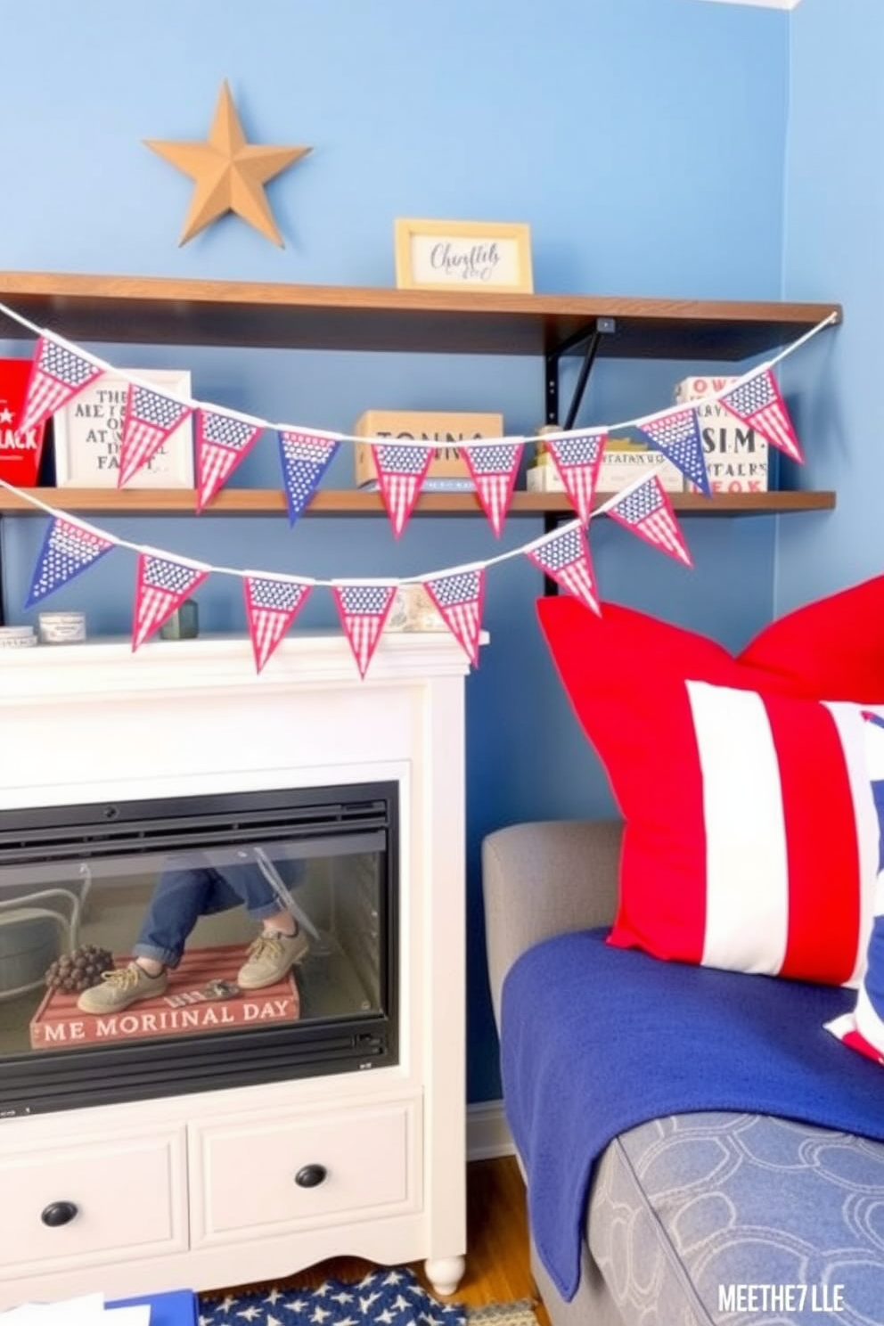 Mini flag banners hang gracefully from shelves, adding a festive touch to the small living room. The vibrant colors of red, white, and blue create a cheerful atmosphere perfect for Memorial Day celebrations.