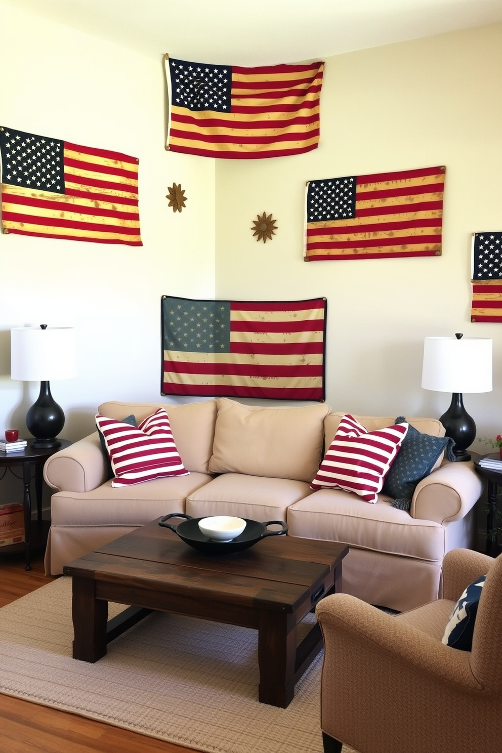 A cozy small living room adorned with vintage American flags as wall decor. The room features a comfortable sofa in a neutral tone, complemented by a rustic coffee table and patriotic throw pillows.