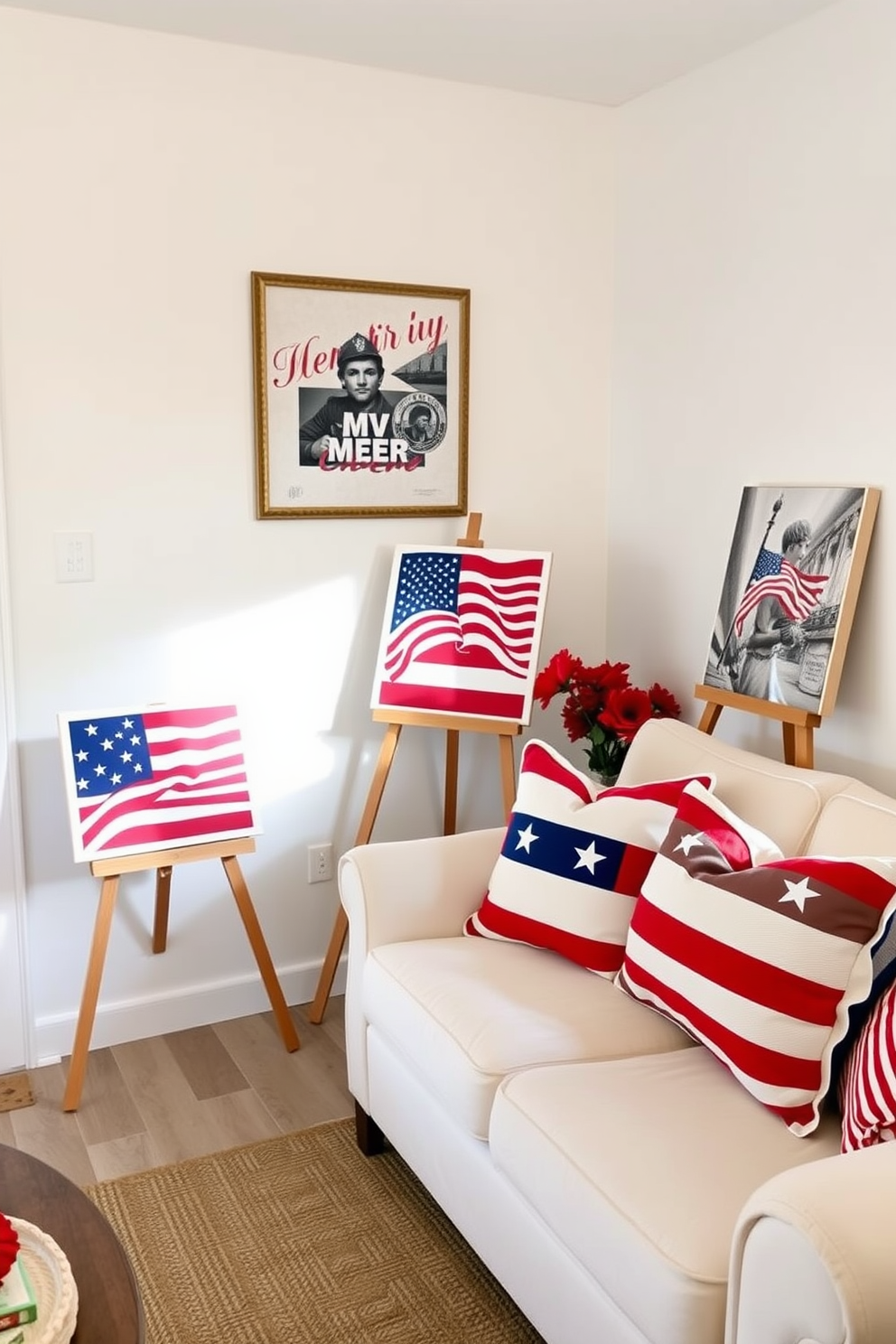 A cozy small living room features patriotic themed art displayed on easels, capturing the essence of Memorial Day. The walls are painted in soft whites, and a comfortable sofa adorned with red, white, and blue throw pillows invites relaxation.