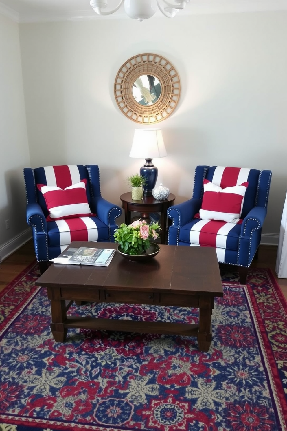 A cozy small living room features two accent chairs upholstered in a red white and blue fabric, adding a festive touch for Memorial Day. The chairs are positioned around a rustic wooden coffee table, complemented by a vibrant area rug that ties the color scheme together.