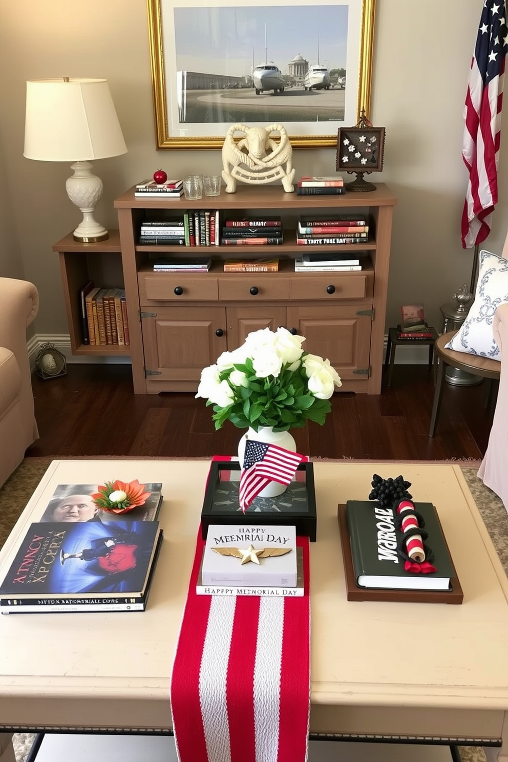 A cozy small living room features a patriotic theme with coffee table books showcasing American history and culture. The coffee table is adorned with a red white and blue runner and decorative accents that celebrate Memorial Day.