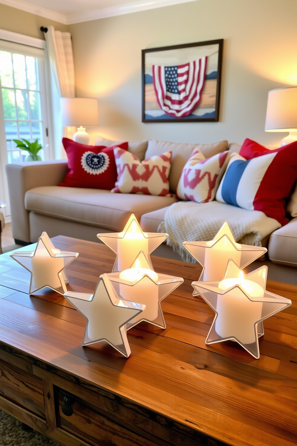 Star shaped candle holders are elegantly arranged on a rustic wooden table in a cozy living room. The soft glow from the candles creates a warm and inviting atmosphere, perfect for Memorial Day celebrations. The living room features a blend of patriotic colors with red, white, and blue accents throughout the decor. Plush cushions and a woven throw blanket add comfort, while tasteful artwork pays homage to the holiday.