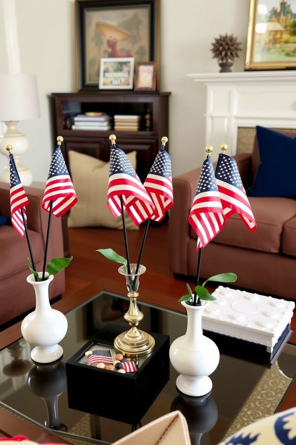 A small living room decorated for Memorial Day features several miniature American flags placed in elegant vases. The vases are arranged on a coffee table surrounded by cozy seating, creating a festive and inviting atmosphere.