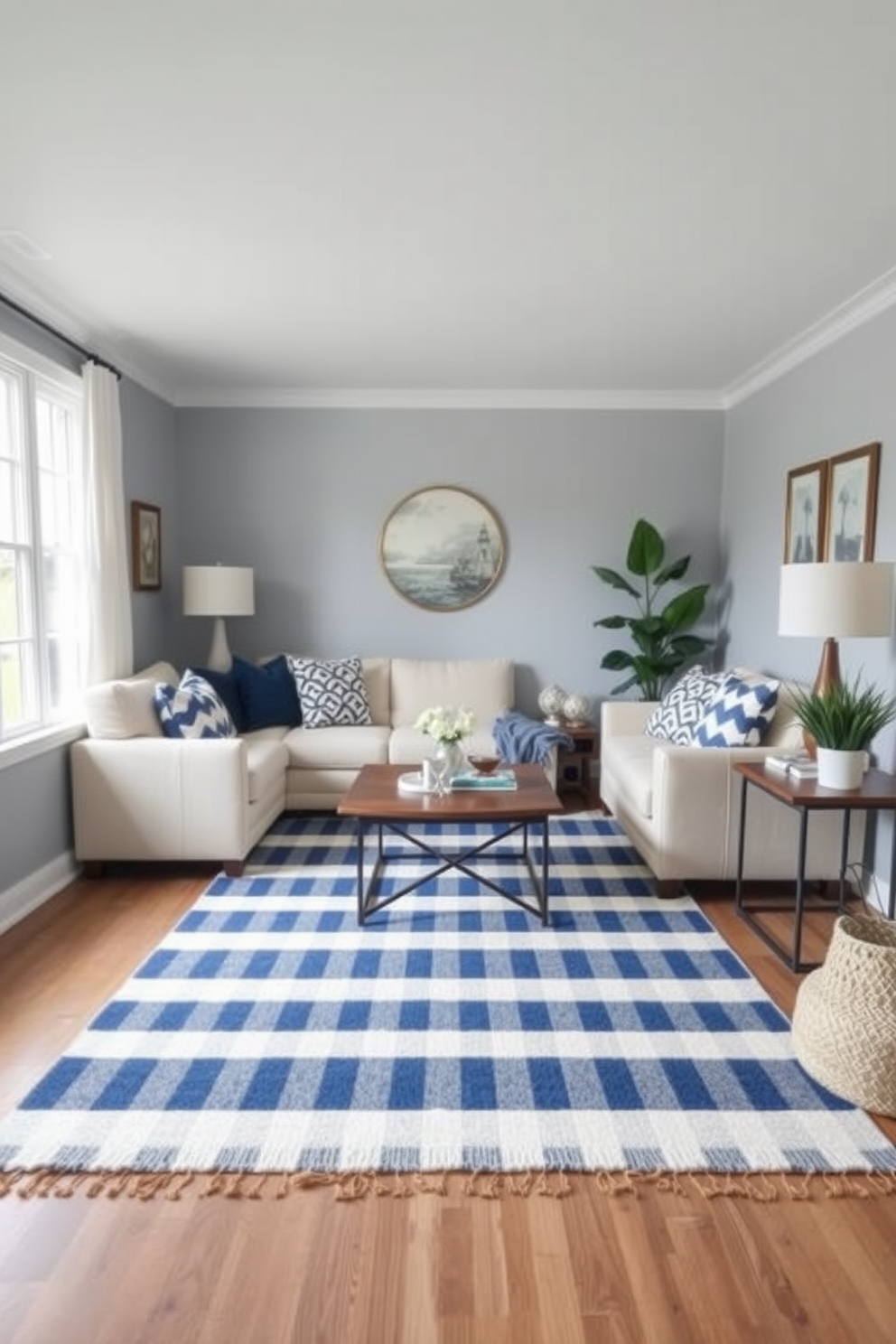 A cozy small living room featuring a blue and white striped area rug that adds a fresh nautical touch to the space. The room is adorned with light gray walls and complemented by a comfortable cream sofa, creating an inviting atmosphere perfect for relaxation.