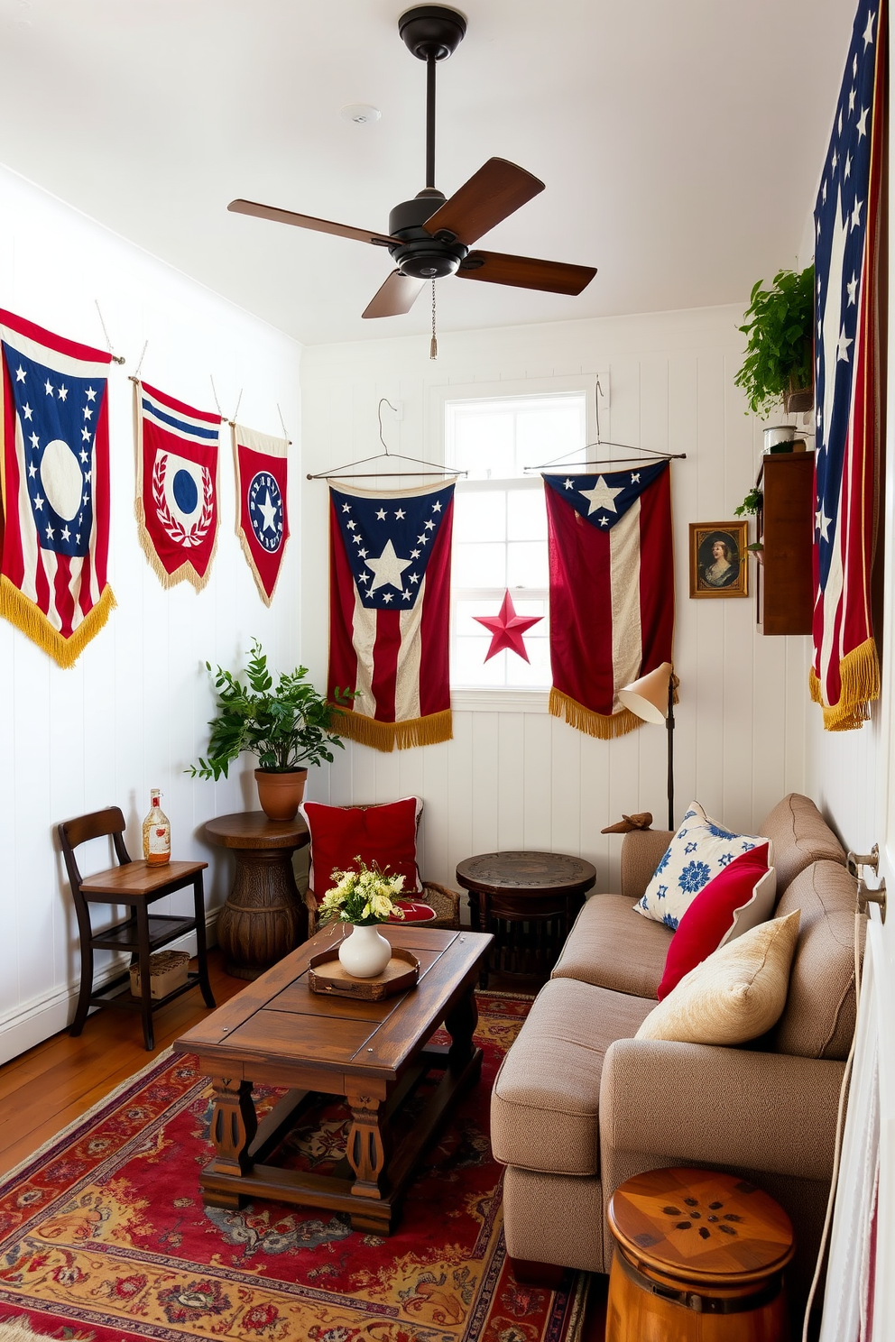 A cozy small living room adorned with vintage patriotic banners hanging on the walls. The space features a comfortable sofa with red, white, and blue cushions, complemented by a rustic coffee table and a vintage rug.